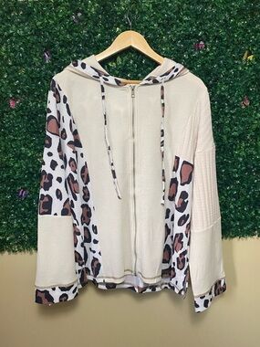 Boutique Leopard Colorblock Waffle Knit Hoodie, Size L, Oversized Cozy Top